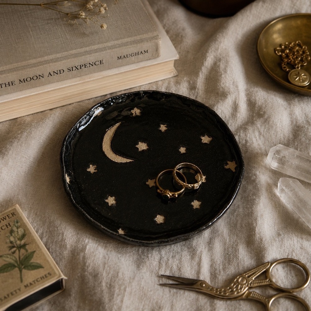 Handmade Studio Pottery Celestial Trinket Dish Black Crescent Moon Stars 6"